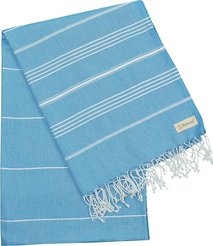 Bersuse Towels Anatolia XL Beach Blanket Throw Blanket Turkish Towel 100% Cotton Extra-Large Quick-Dry Lightweight Premium Peshtemal Towel - 61x82 Inches, Ocean Blue (Set of 3)