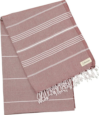 Bersuse Towels Anatolia XL Beach Blanket Throw Blanket Turkish Towel 100% Cotton Extra-Large Quick-Dry Lightweight Premium Peshtemal Towel - 61x82 Inches, Burgundy